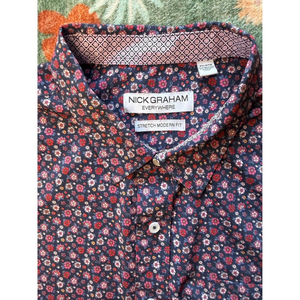 Nick Graham Everywhere Mens 2XL Stretch Modern Fit Floral Short Sleeve Navy - Picture 3 of 7